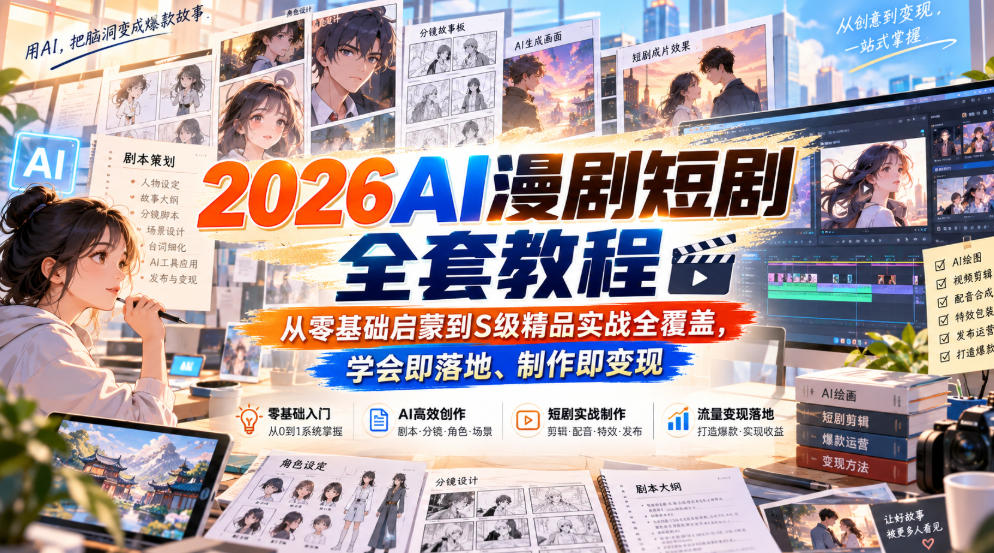 AI漫剧短剧全套教程,从零基础启蒙到S级精品实战全覆盖,学会即落地、制作即变现